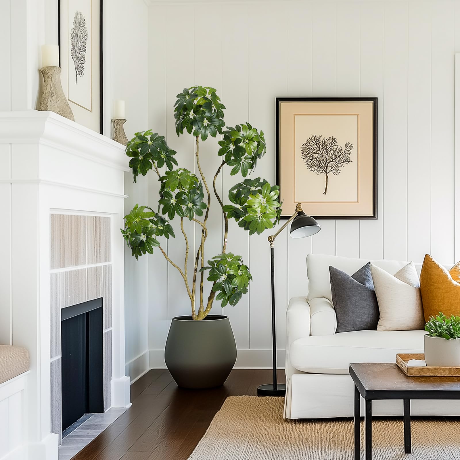 Arbre artificiel Schefflera parasol Garvee de 1,5 m avec 5 troncs, pot de fleurs blanc en PE pour la maison et le bureau
