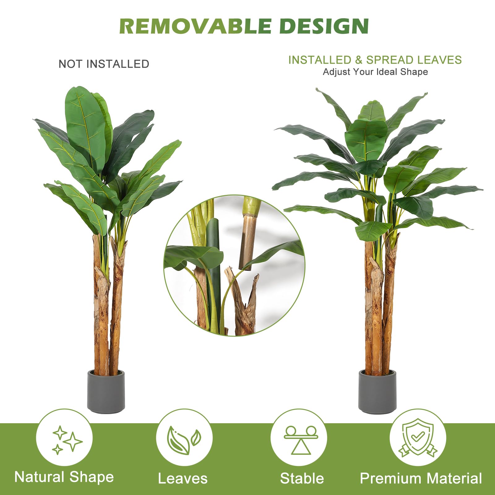 Bananier artificiel Garvee de 1,80 m avec 21 feuilles, pot gris, branches ajustables pour la maison et le bureau, matériau PE durable, pot en ciment stable