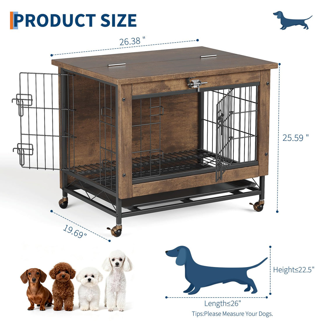 Garvee mobilier pour cage à chien, 2 portes, avec roulettes, bois et métal, pour chiens de petite et moyenne taille, 67 × 50 × 65 cm