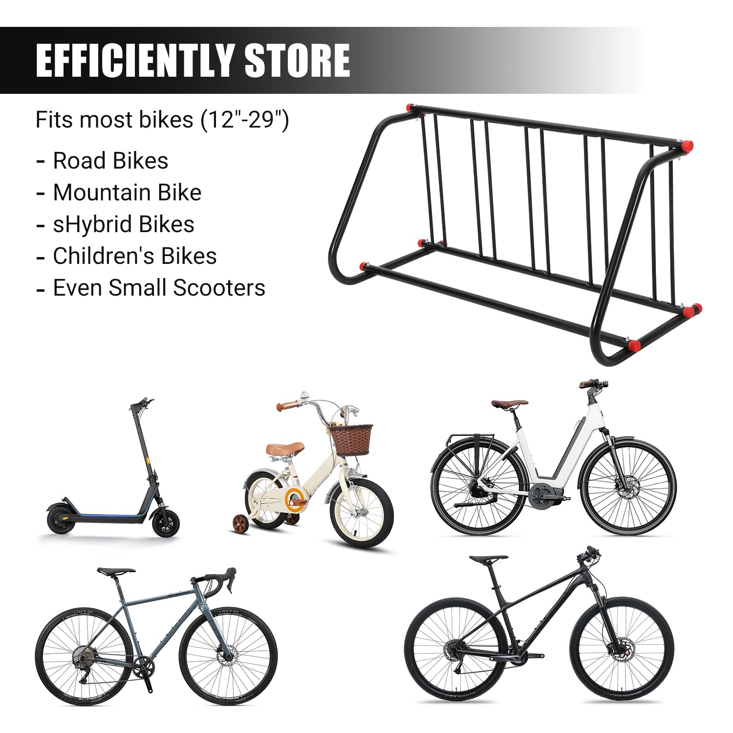 Support de vélo de sol Garvee pour 5 vélos, en métal résistant à la rouille, pour l'intérieur et l'extérieur, idéal pour les garages et les écoles, 100 % acier, gain de place.