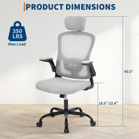 Chaise de bureau ergonomique Garvee avec soutien lombaire et appui-tête réglables, maille respirante, accoudoirs pliables, pivotante, grise, bureau
