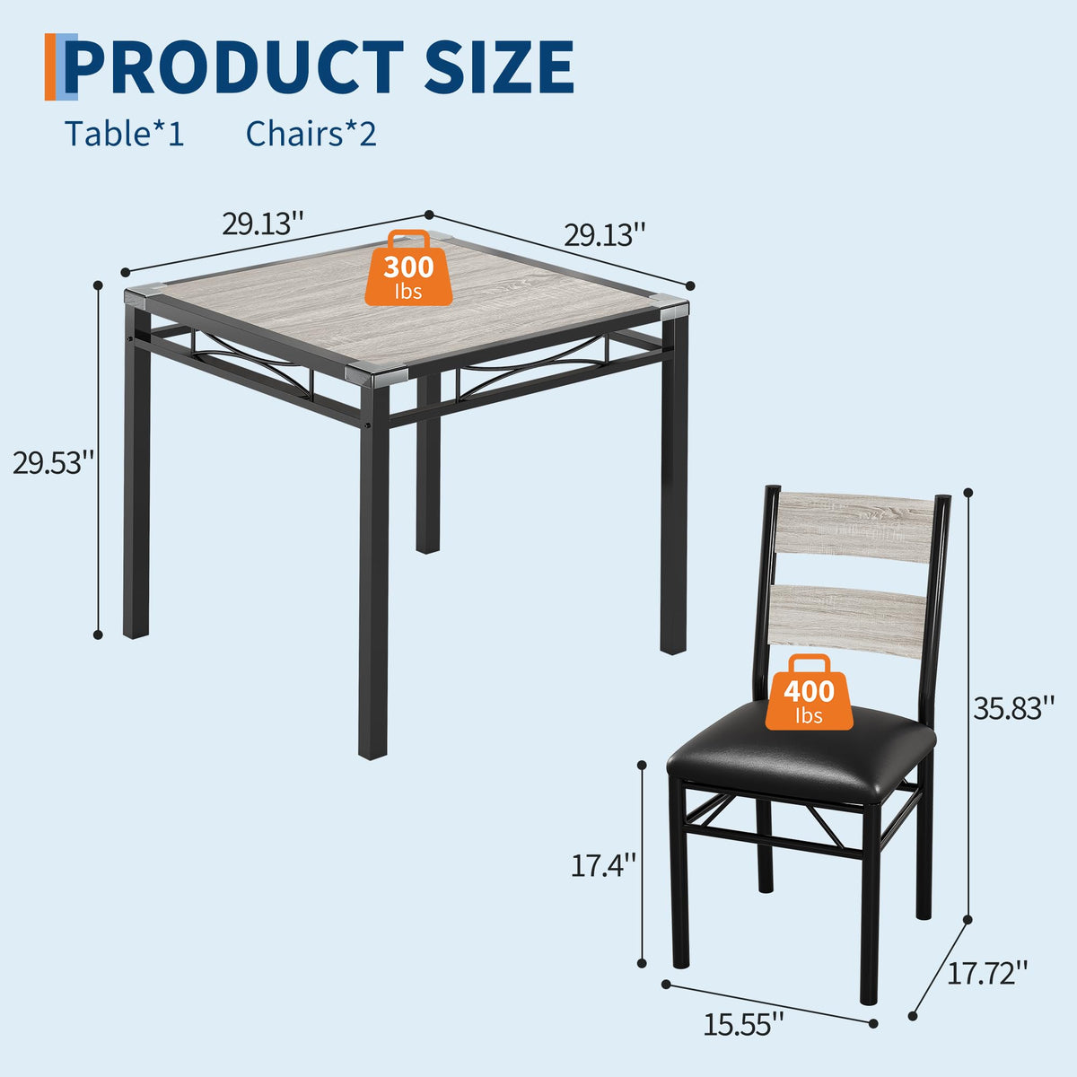 Ensemble table et chaises Garvee pour 2 personnes avec chaises rembourrées, protections d'angle, ergonomique, en MDF, structure en acier, gris rétro, compact pour cuisine et appartement