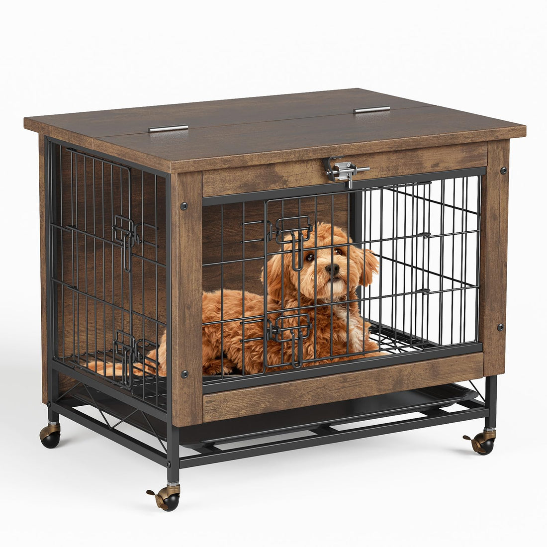 Mobilier pour cage à chien Garvee, 2 portes, avec roulettes, bois et métal, pour chiens de petite et moyenne taille, 67 × 50 × 65 cm