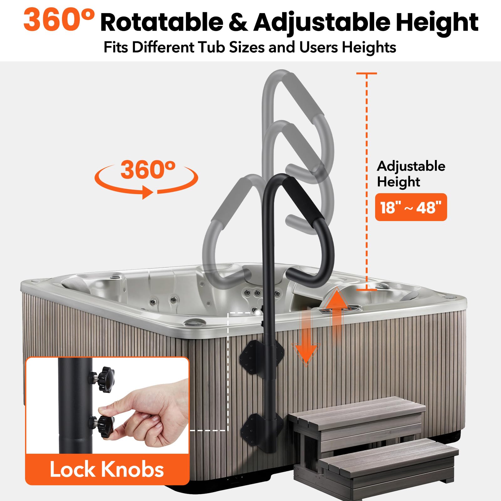 Main courante pour spa Garvee, rotative à 360°, réglable en hauteur de 45 à 120 cm, revêtement antidérapant, acier au carbone, pour une utilisation intérieure et extérieure.