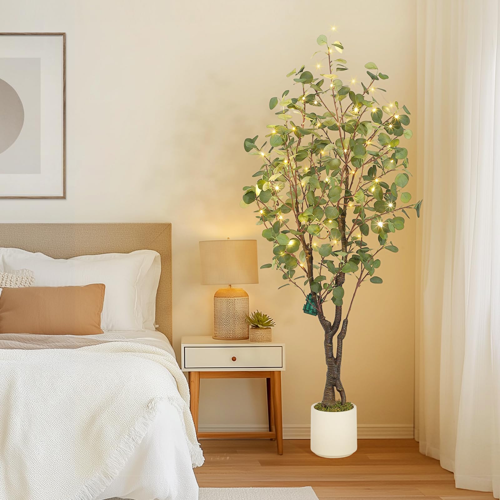 Eucalyptus artificiel Garvee de 1,5 m avec 50 lumières LED, pot en plastique, branches ajustables, facile d'entretien, idéal pour le salon et le bureau, blanc