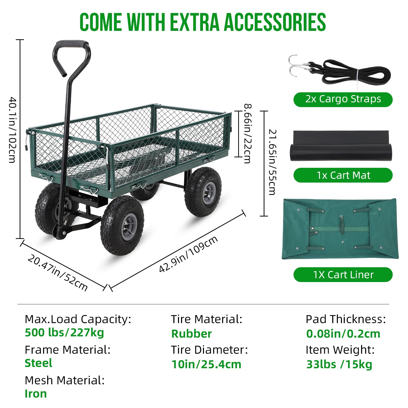 Chariot de jardin Garvee en acier robuste, pliable, capacité de 227 kg (500 lb), avec doublure amovible, pour jardin et cour, 81 cm x 42 cm x 45,5 cm (31,89 po x 16,54 po x 17,91 po), noir