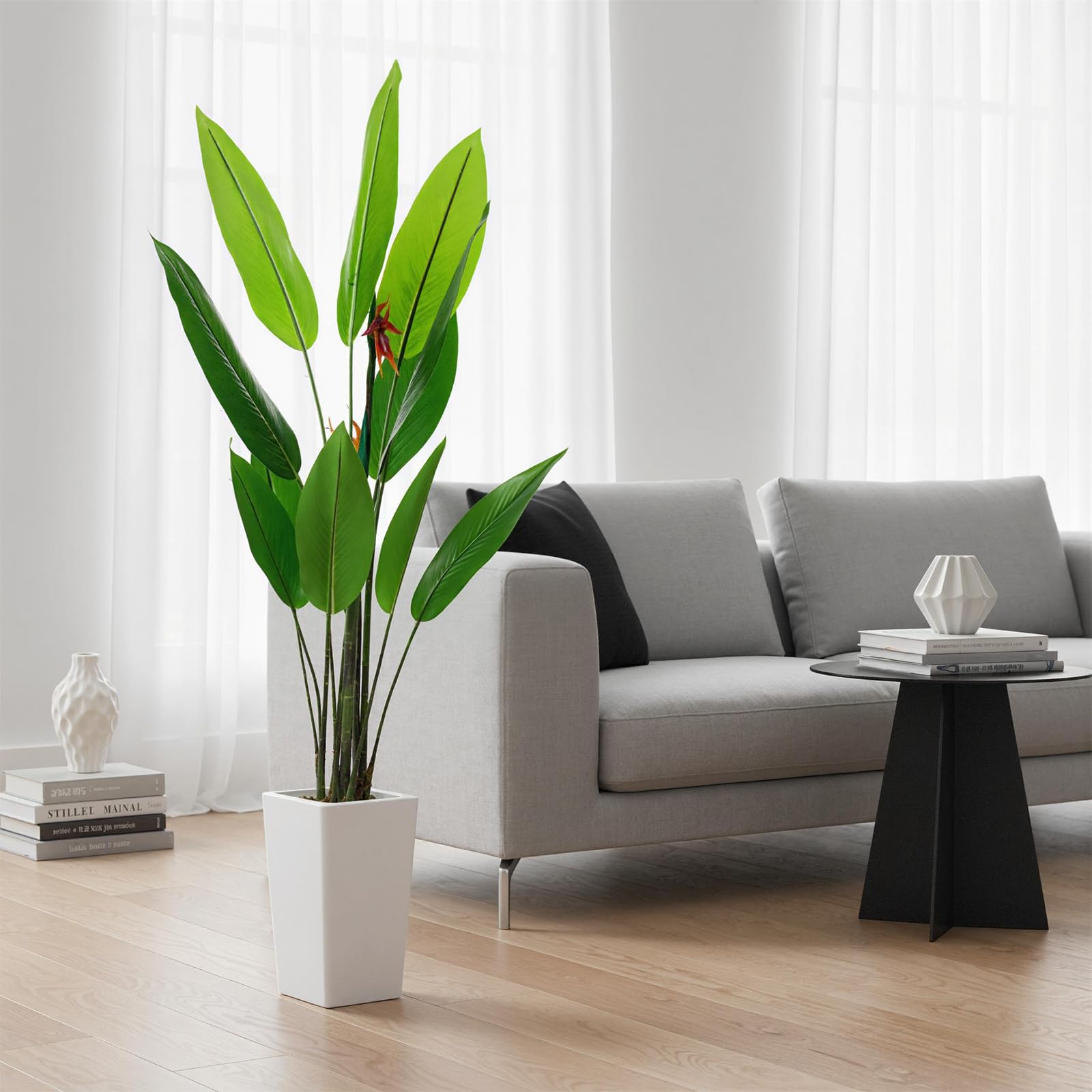 Plante artificielle Oiseau de Paradis Garvee de 1,75 m avec pot blanc pour salon et bureau, bananier tropical réaliste, durable et facile d'entretien.