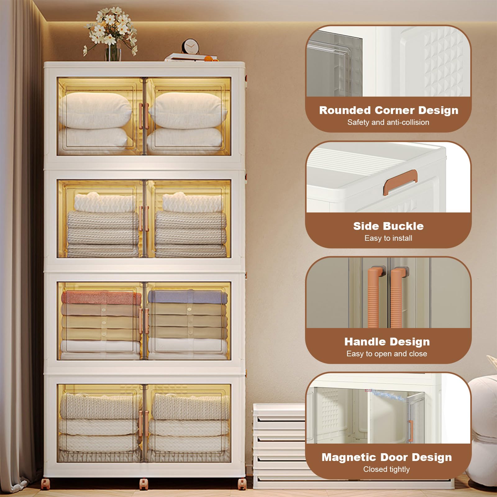 Boîtes de rangement empilables en plastique Garvee, lot de 4, 144 QT, avec portes et roulettes, transparentes, pour chambre et garage