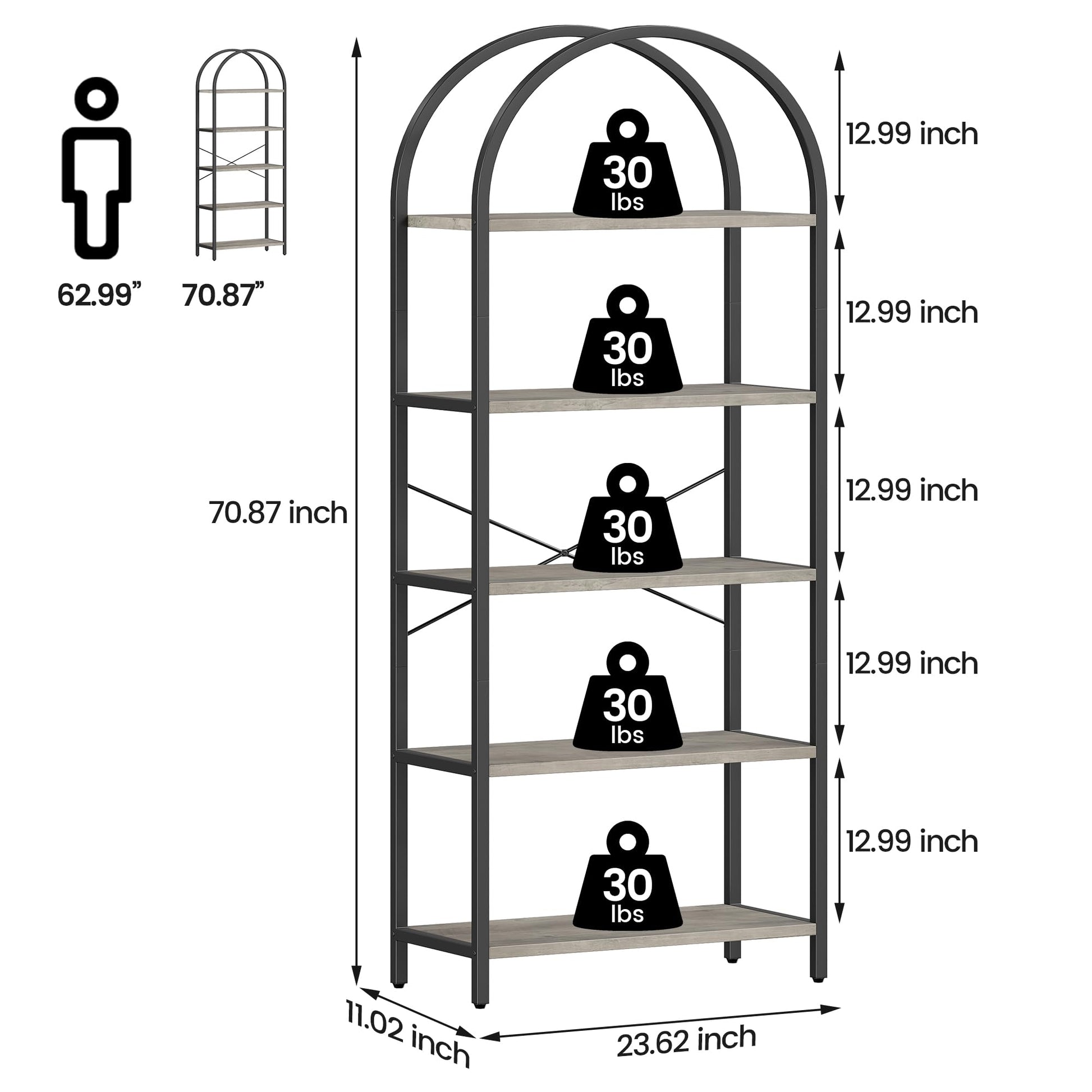 Garvee Bibliothèque arquée à 5 niveaux, 180cm, étagère industrielle en métal gris pour salon, bureau ou chambre