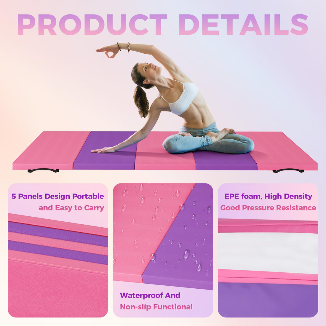 Tapis de gymnastique pliable Garvee 1,2'' en mousse EPE et cuir PU antidérapant, portable, pour le yoga et les arts martiaux, ensemble de 5 pièces