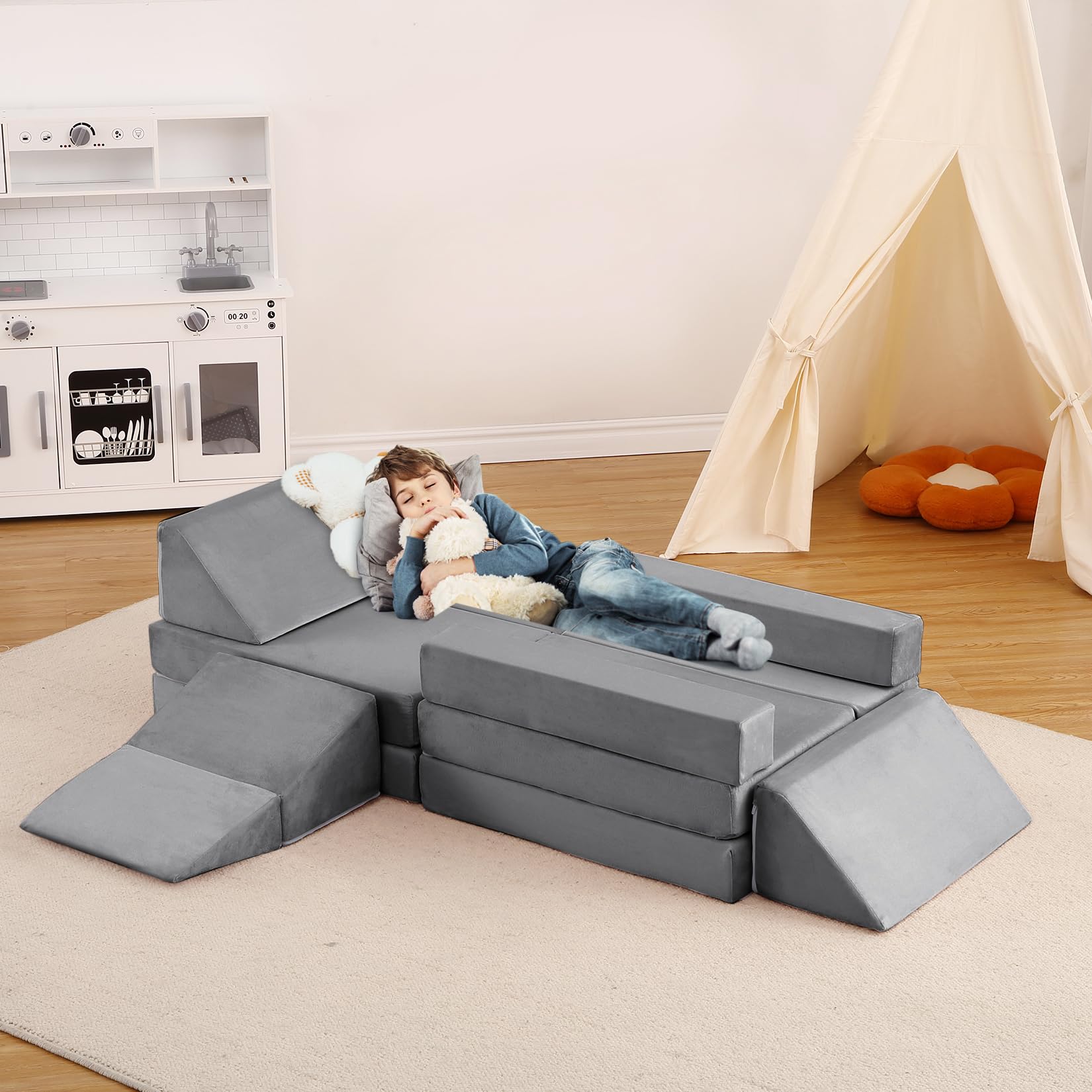 Garvee Canapé de jeu modulable enfant avec 12 blocs en mousse, dépliable, sûr et lavable, idéal chambre d’enfant et salle de jeux, coloris cordon matelassé
