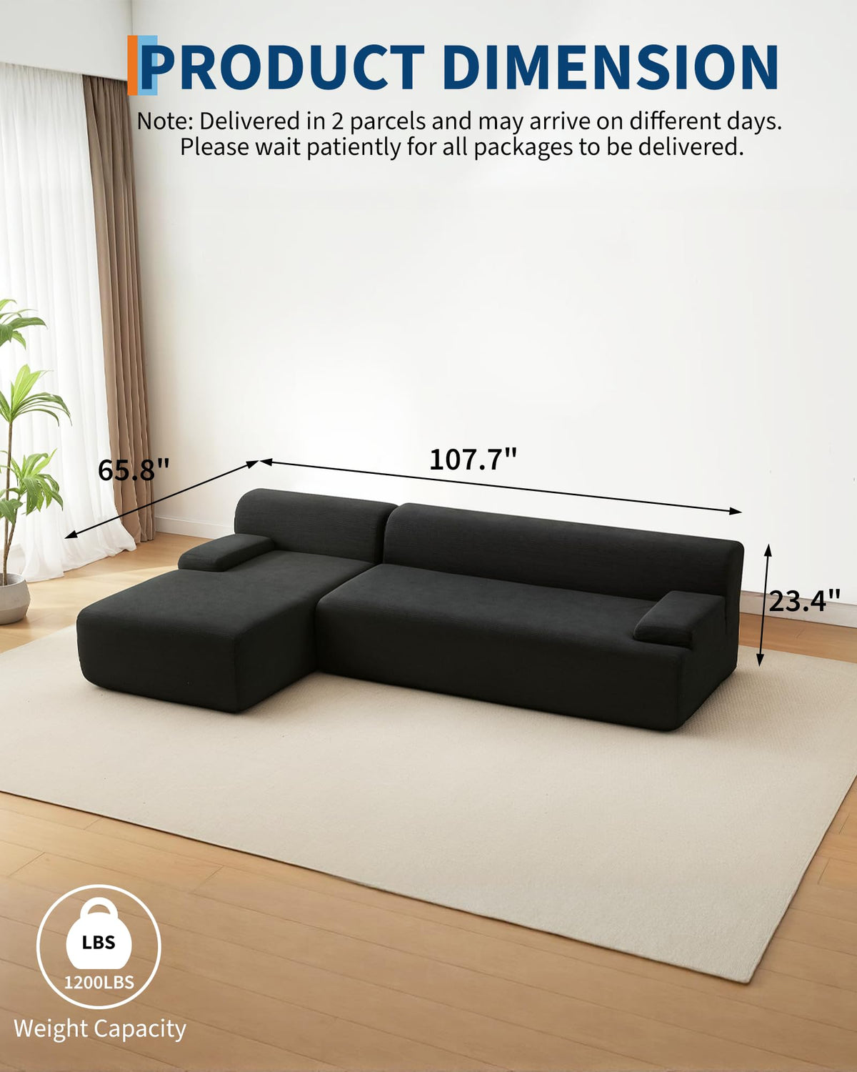 Canapé d'angle Garvee Cloud 108" avec méridienne - Canapé ultra moelleux sans dossier, velours côtelé ultra doux, canapé en L, confortable, noir, salon