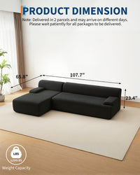 Canapé d'angle Garvee Cloud 108" avec méridienne - Canapé ultra moelleux sans dossier, velours côtelé ultra doux, canapé en L, confortable, noir, salon
