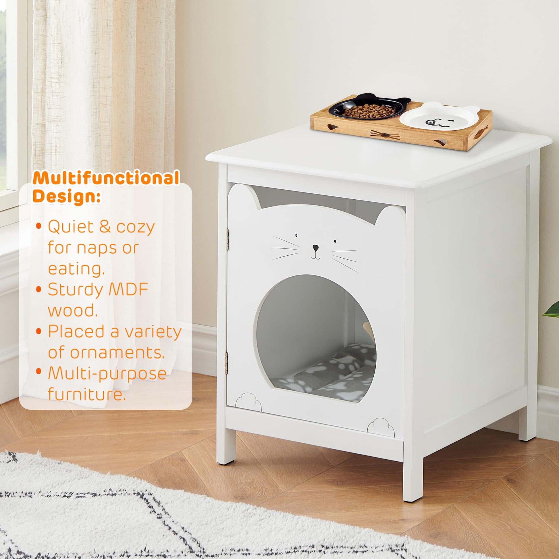 Garvee Bac à litière pour chat avec porte, ventilation, tapis moelleux, table d'appoint, meuble en bois, blanc, gain de place, idéal pour les chambres