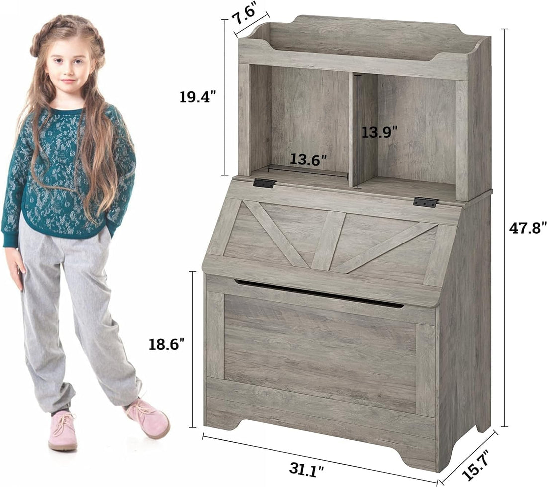Étagère pour enfants Garvee avec couvercle à charnières, 2 niveaux, en bois, robuste et résistante aux rayures, protection anti-basculement pour salles de jeux et chambres d'enfants, grand format, bois naturel