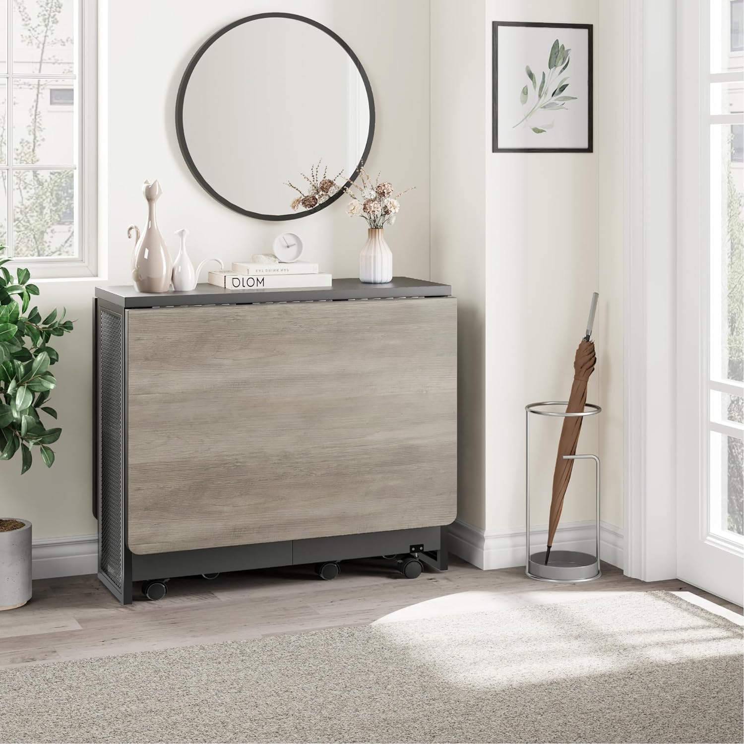 Garvee Table à Manger Pliante Grise avec Rangement 2 Niveaux, Table de Cuisine Extensible à Rabats, Rectangulaire pour 4, Gain de Place, Bureau et Maison