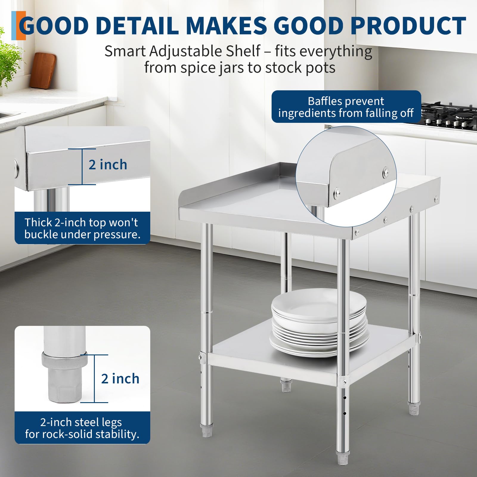 Table de cuisson Garvee en acier inoxydable 30,5 x 61 x 76 cm avec rebord de 5 cm et roulettes verrouillables pour la cuisine et le barbecue, capacité de charge de 300 kg, certifiée NSF, construction robuste, argent