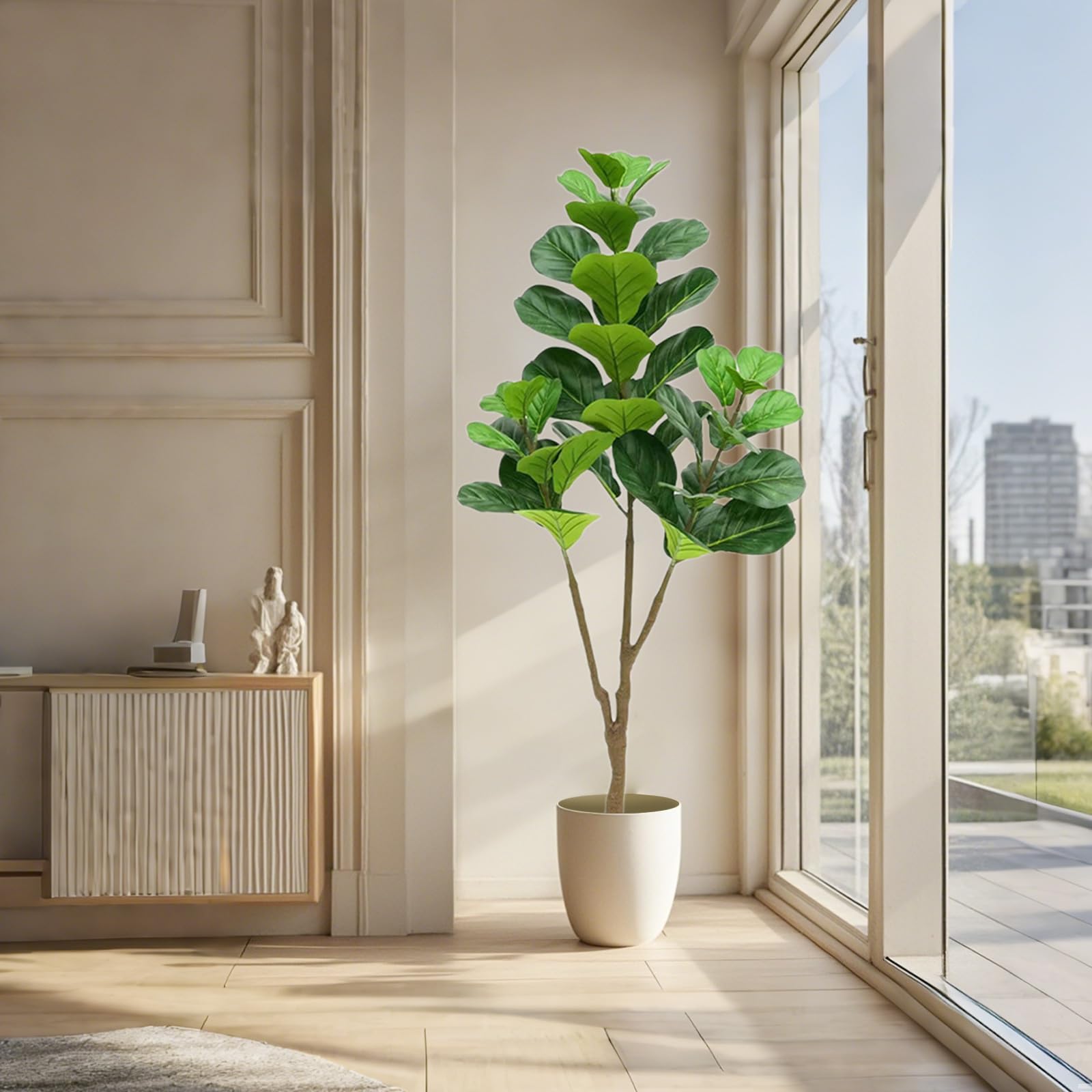 Ficus lyrata artificiel Garvee de 1,5 m avec pot en corde véritable, feuilles ajustables, base en ciment stable pour salon et bureau, vert, 1,5 mètre