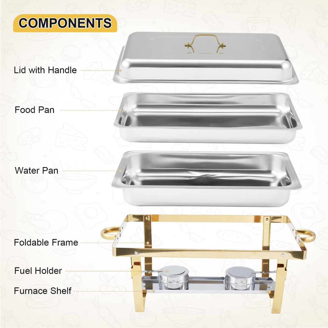 Garvee Lot de 4 chauffe-plats buffet 7.6L en inox, format 62x35.5x30.5cm, supports dorés, pour traiteur mariage hôtel restaurant