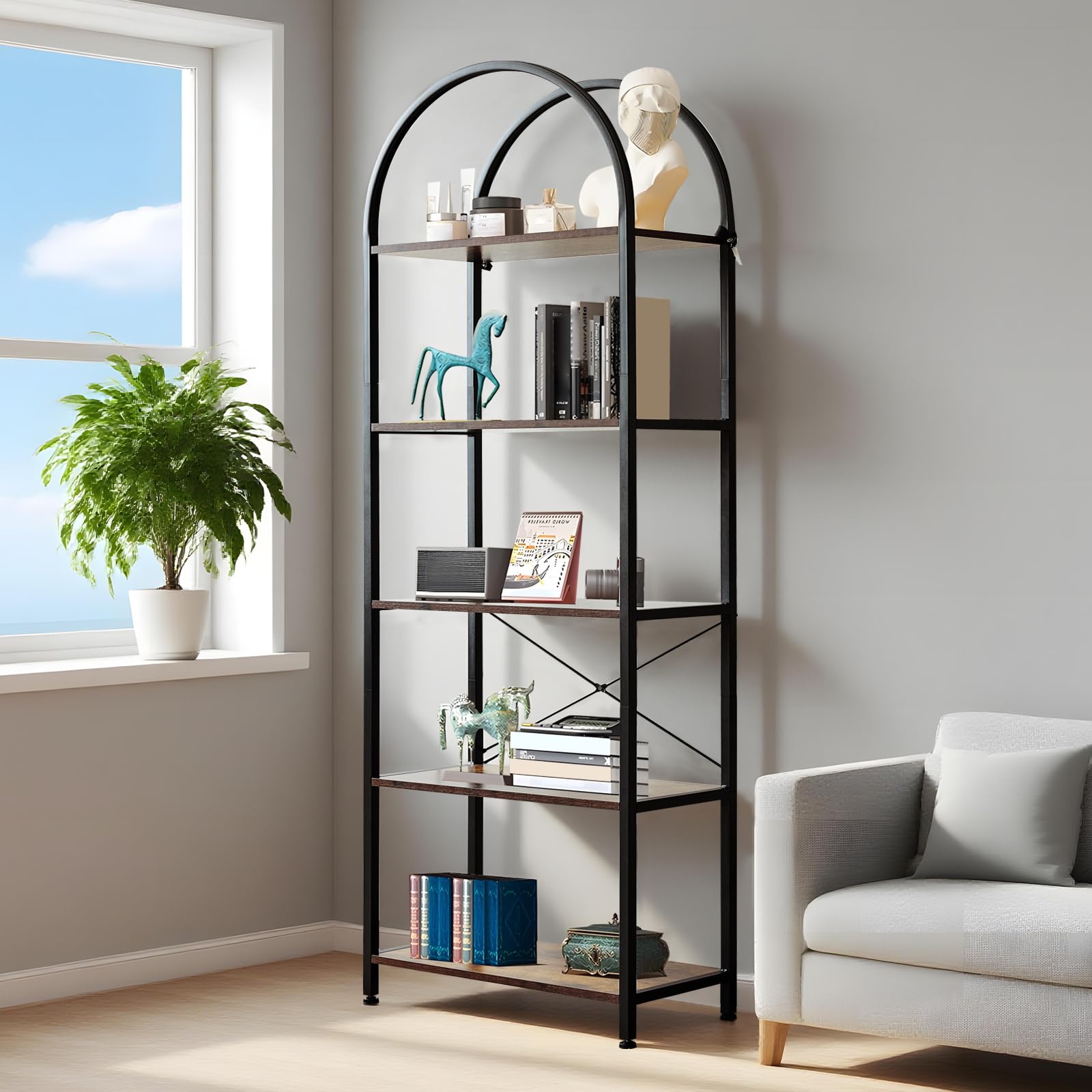 Garvee Bibliothèque à 5 niveaux avec arche, structure métallique robuste, grandes étagères en bois pour salon et bureau, 180×60×28cm, noir moderne