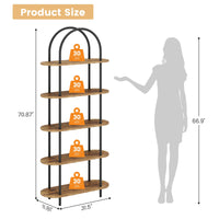 Bibliothèque arquée Garvee 71 po, 5 niveaux, structure en métal et bois, idéale pour le salon ou le bureau. Capacité de charge : 13,6 kg (30 lb). Système anti-basculement et pieds réglables.