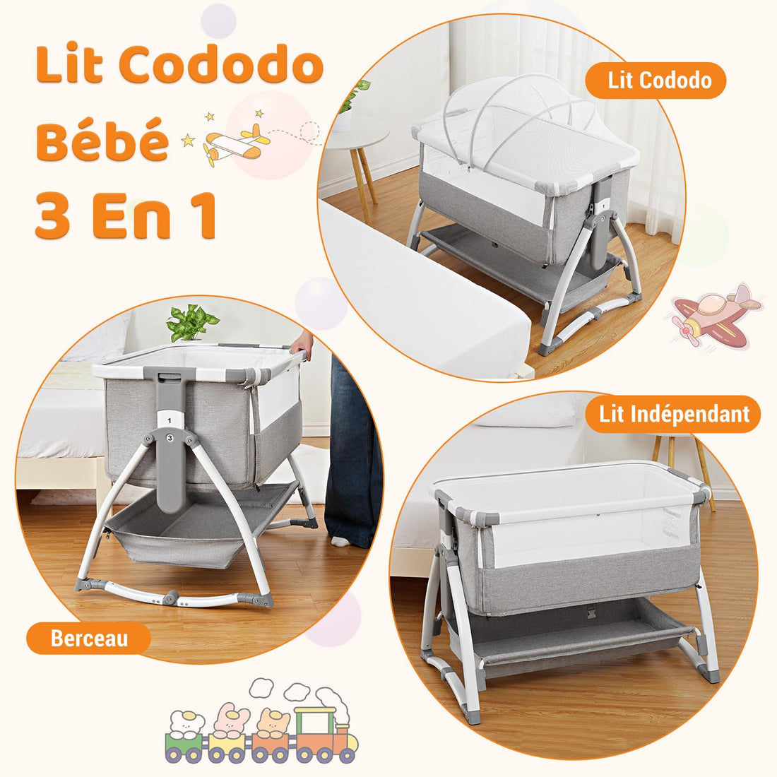 Garvee Lit bébé, berceau bébé, lit cododo 4 en 1, lit de voyage pour enfants