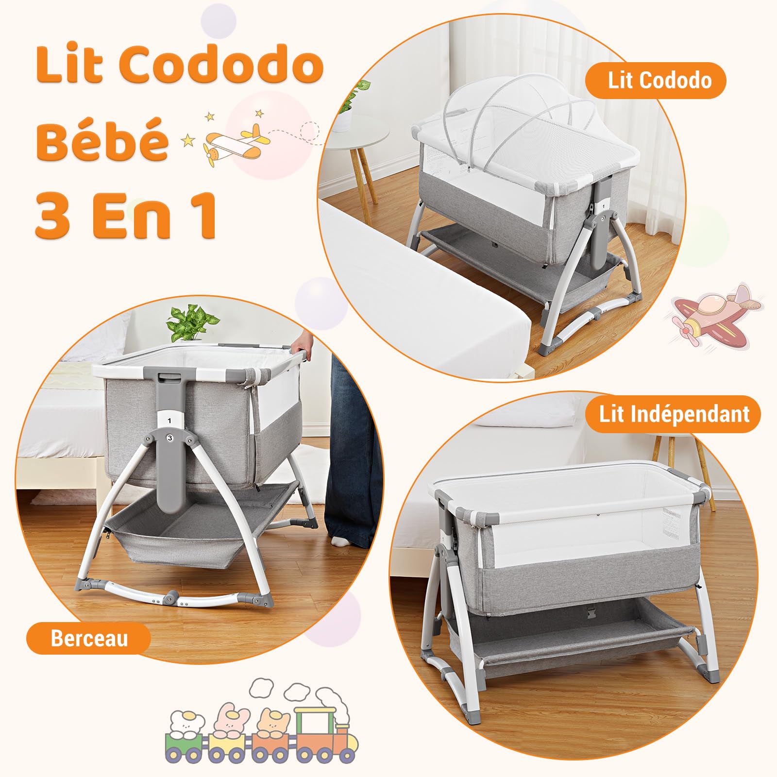 Lit bébé GARVEE, berceau bébé, lit cododo 4 en 1, lit de voyage pour enfants
