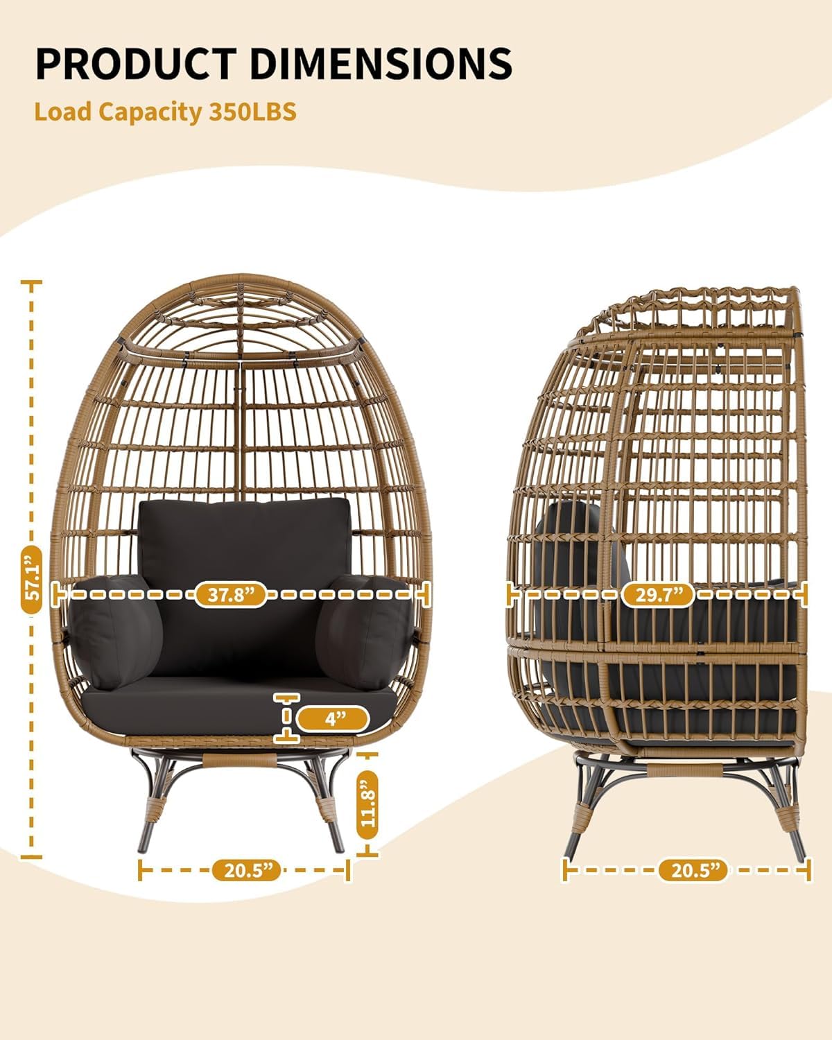 Fauteuil œuf pivotant à 360° Garvee en rotin avec structure en acier, pour terrasse et jardin, surdimensionné, résistant aux intempéries, intérieur/extérieur, avec 4 coussins, noir