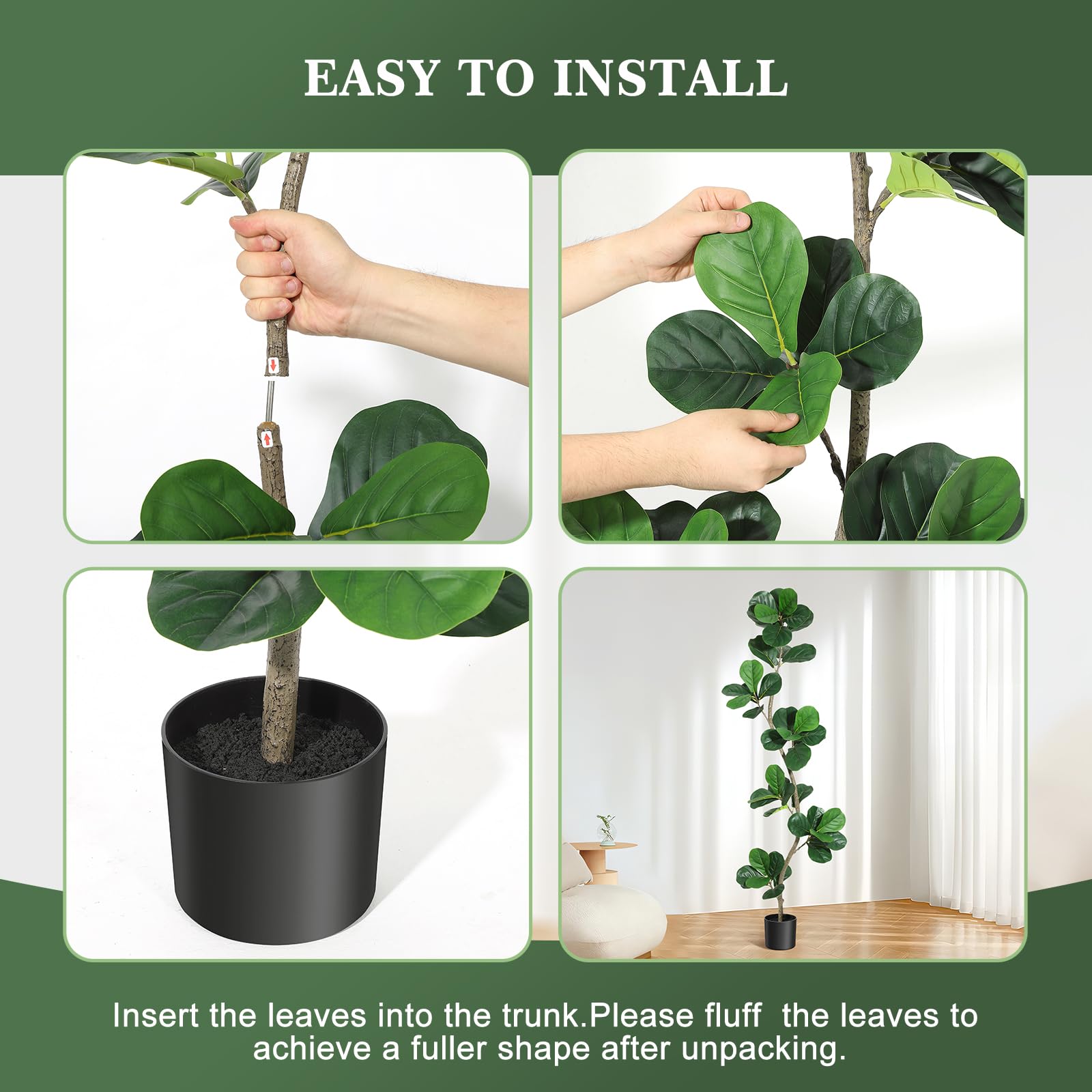 Garvee Ficus Lyrata Artificiel 180 cm, Plante Réaliste Résistante aux UV pour Intérieur et Extérieur, Maison et Bureau, Vert
