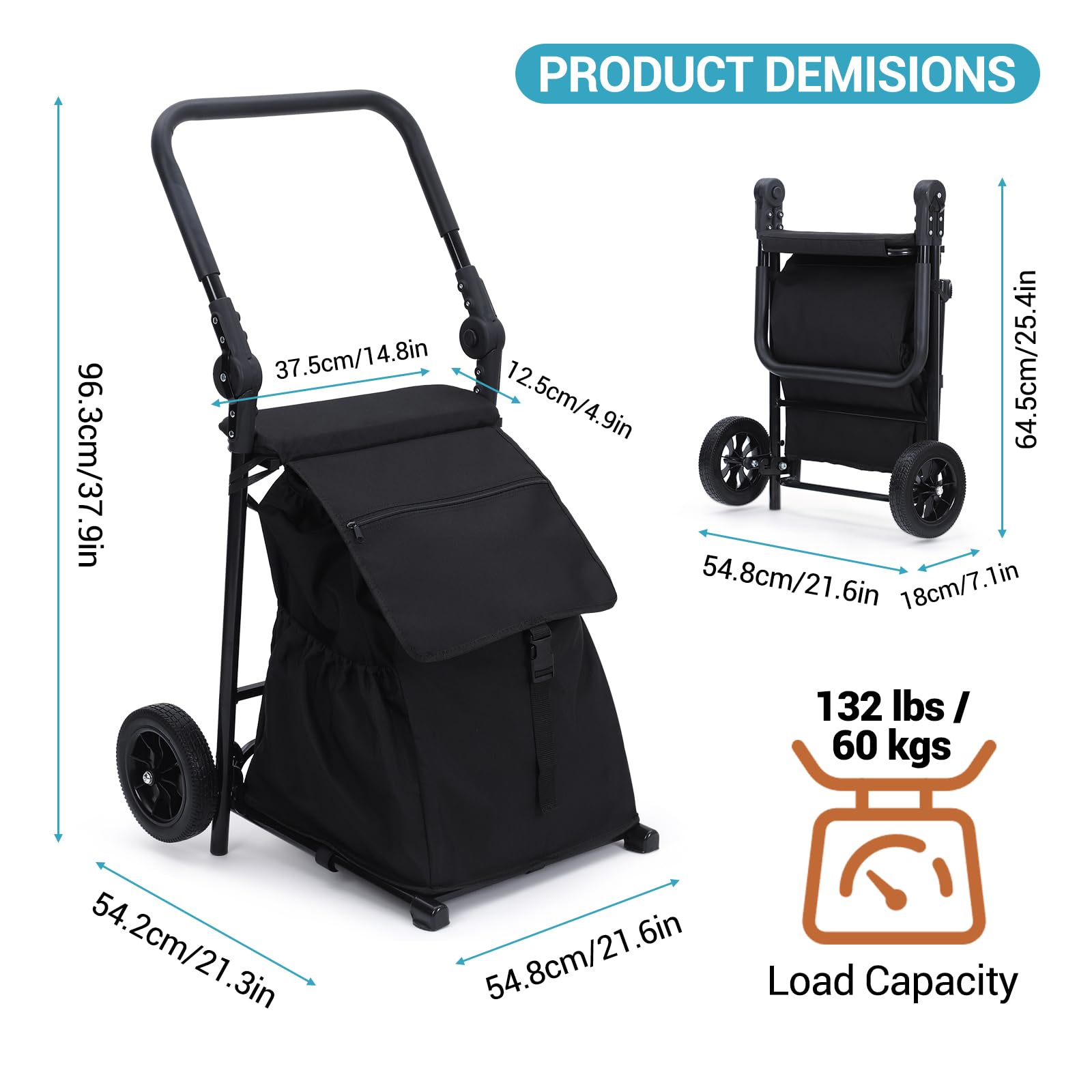 Chariot de courses pliable 2 en 1 Garvee avec siège, sac étanche de 123 L, capacité de charge de 60 kg, cadre en métal, roues tout-terrain de 17 cm, pliable pour les courses et les activités de plein air, noir
