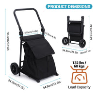 Chariot de courses pliable 2 en 1 Garvee avec siège, sac étanche de 123 L, capacité de charge de 60 kg, cadre en métal, roues tout-terrain de 17 cm, pliable pour les courses et les activités de plein air, noir