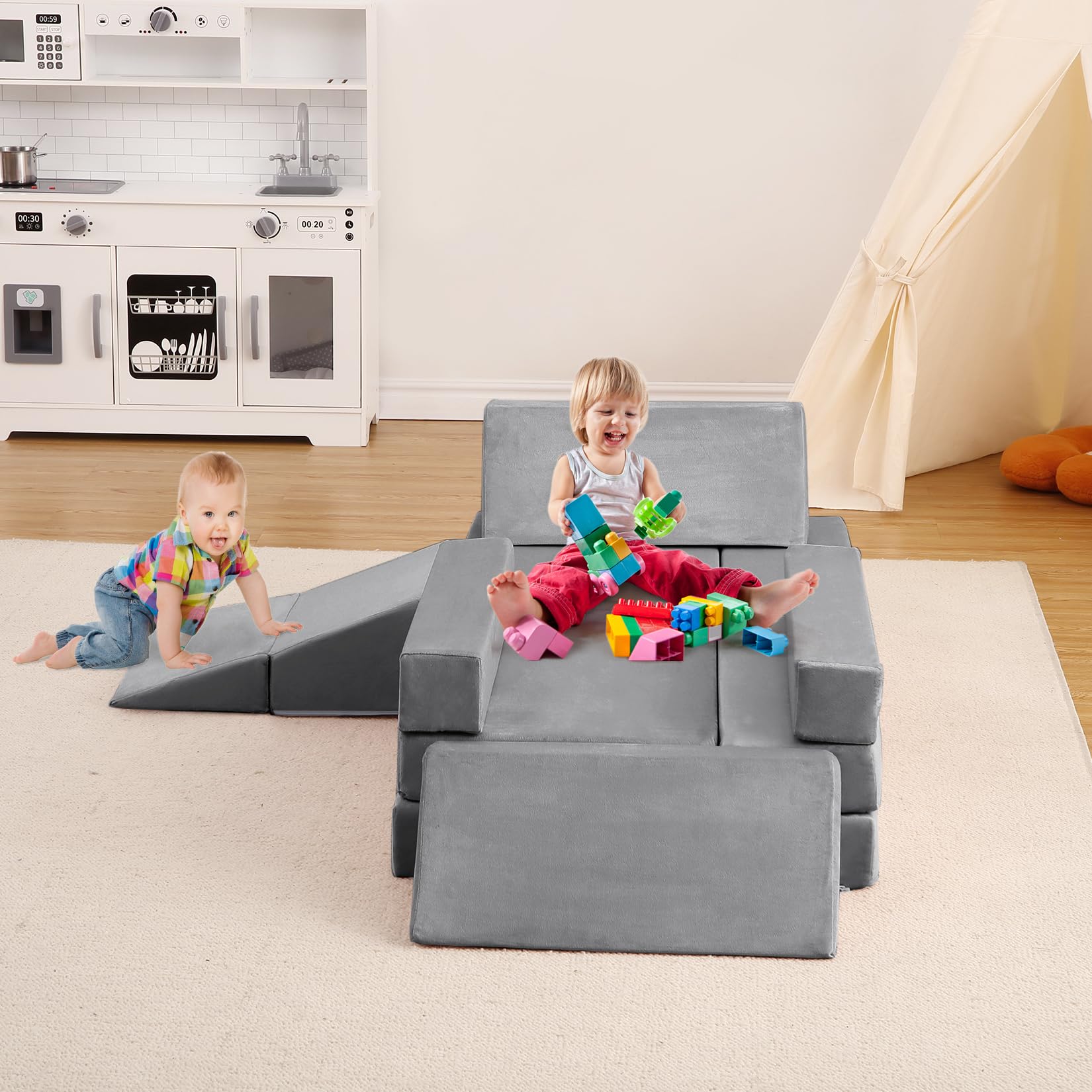 Garvee Canapé de jeu modulable enfant avec 12 blocs en mousse, dépliable, sûr et lavable, idéal chambre d’enfant et salle de jeux, coloris cordon matelassé
