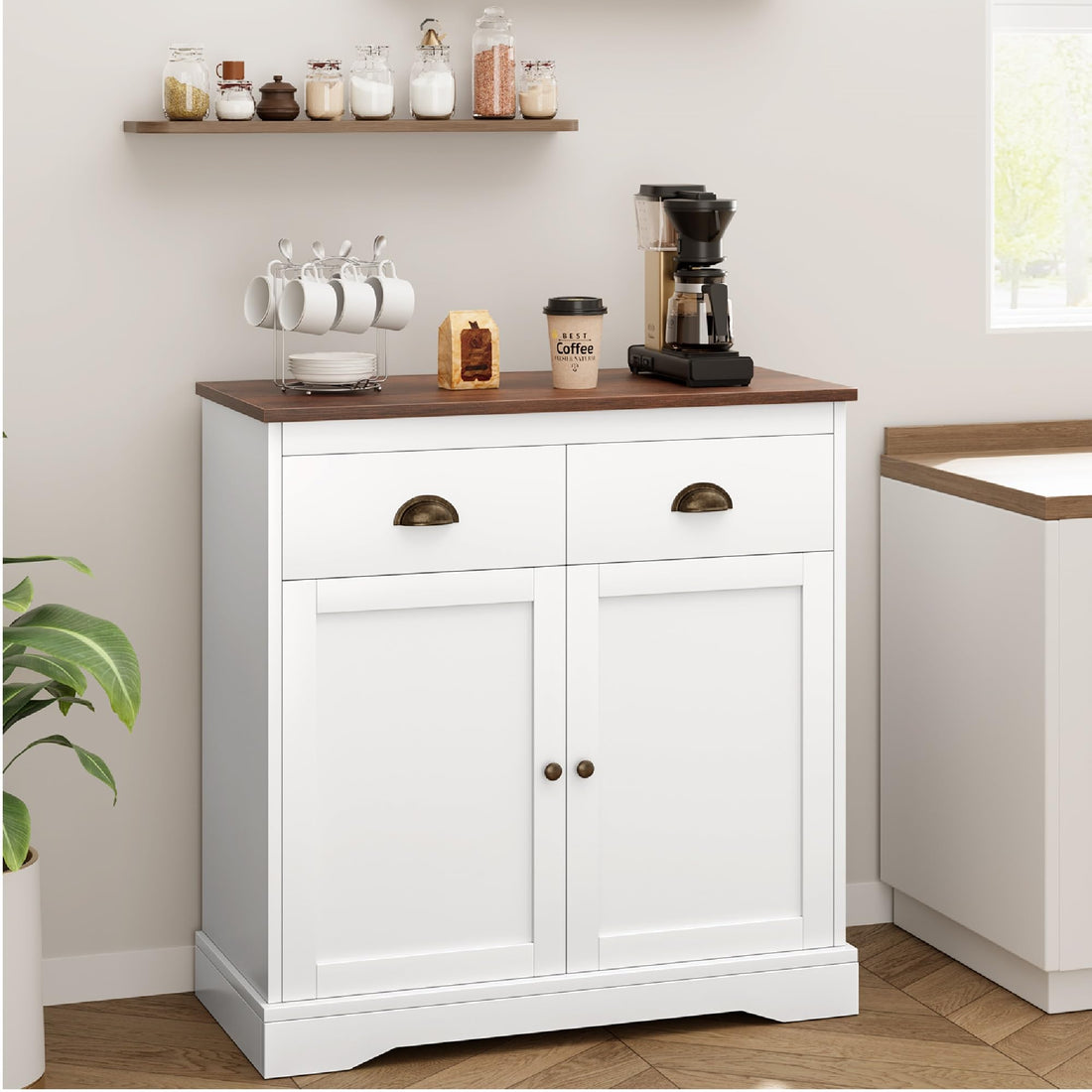 Meuble bar à café Garvee, buffet moderne de style ferme avec 2 tiroirs, étagère réglable, double porte, blanc, bois, pour cuisine et salle à manger