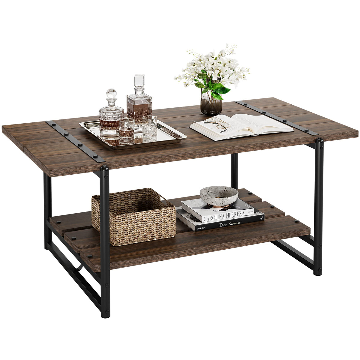 Table basse Garvee à deux niveaux, style ferme, 104 cm (41 po), bois gris avec structure en métal, idéale pour le salon et le bureau. Grand espace de rangement, structure robuste en MDF, style industriel moderne.
