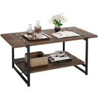 Table basse Garvee à deux niveaux, style ferme, 104 cm (41 po), bois gris avec structure en métal, idéale pour le salon et le bureau. Grand espace de rangement, structure robuste en MDF, style industriel moderne.
