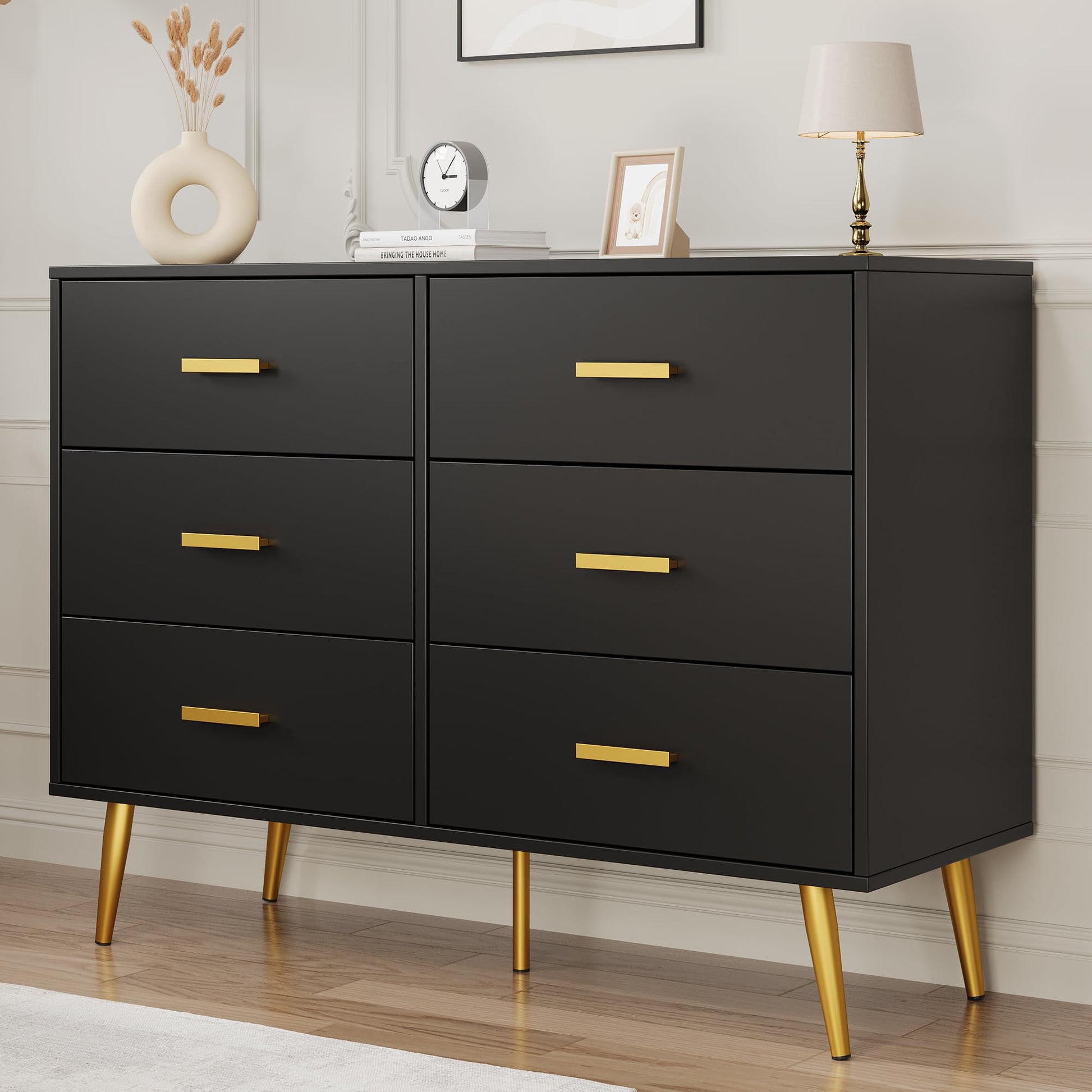 Commode moderne Garvee à 6 tiroirs avec rangement, en bois MDF, poignées dorées, pour chambre et salon, noire, polyvalente