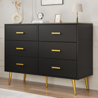 Commode moderne Garvee à 6 tiroirs avec rangement, en bois MDF, poignées dorées, pour chambre et salon, noire, polyvalente