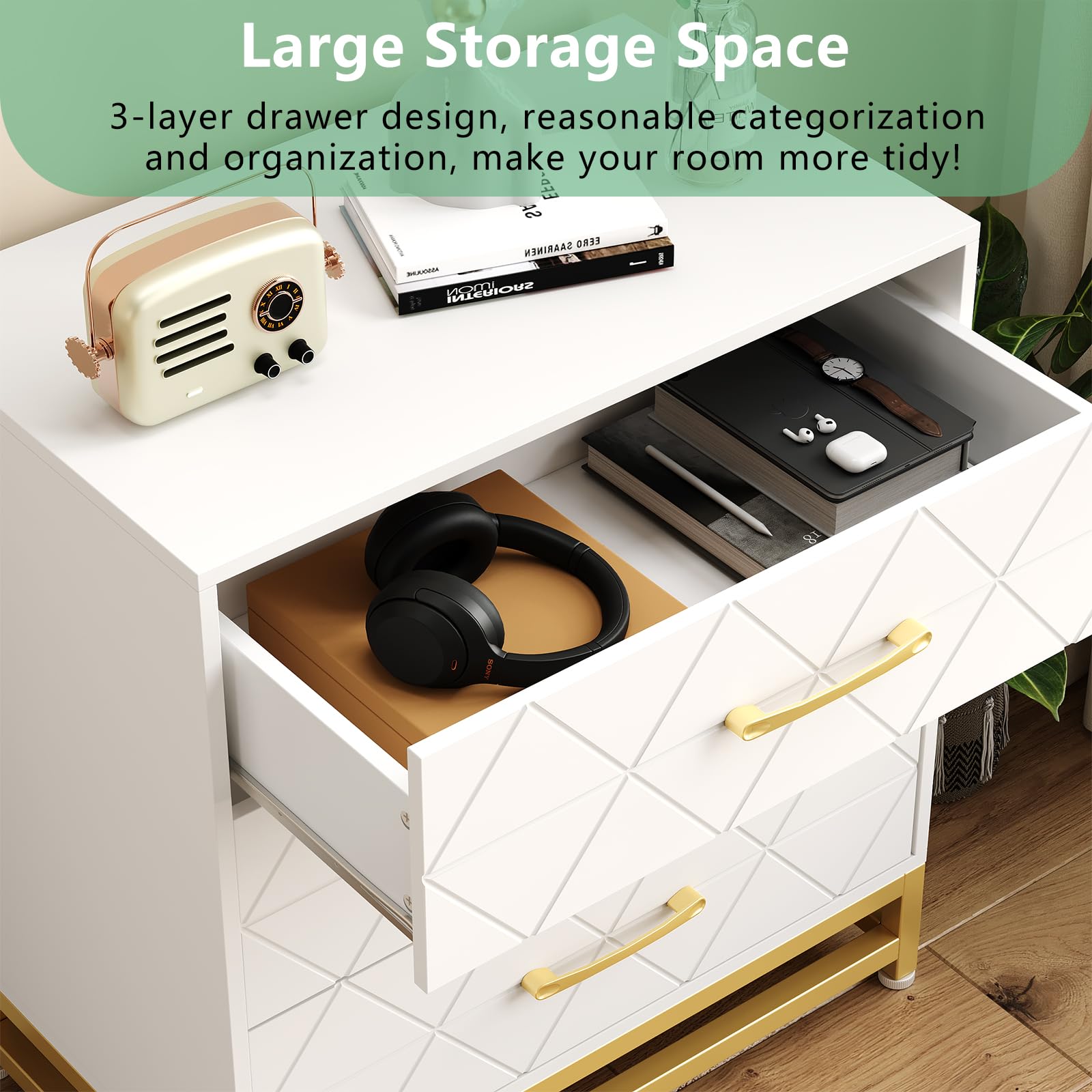 Garvee commode en bois pour chambre à coucher, 3 tiroirs, MDF, blanc, moderne, anti-poussière, robuste, compacte, pour entrée ou salon