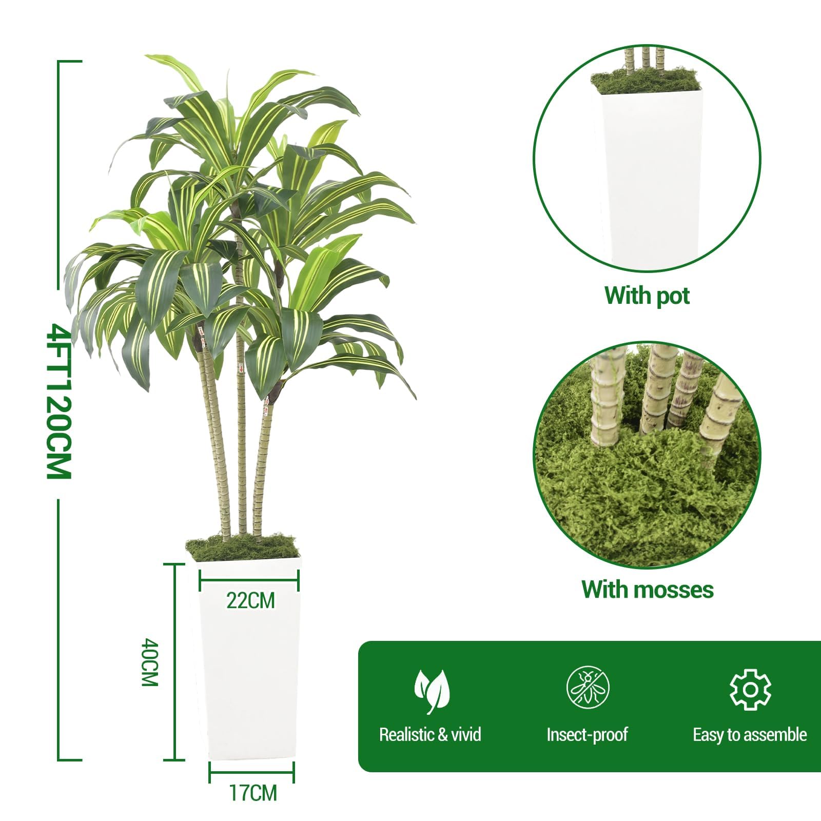 Arbre dragon artificiel Garvee de 120 cm avec pot de fleurs blanc pour salon, balcon ou bureau, plante tropicale en plastique réaliste