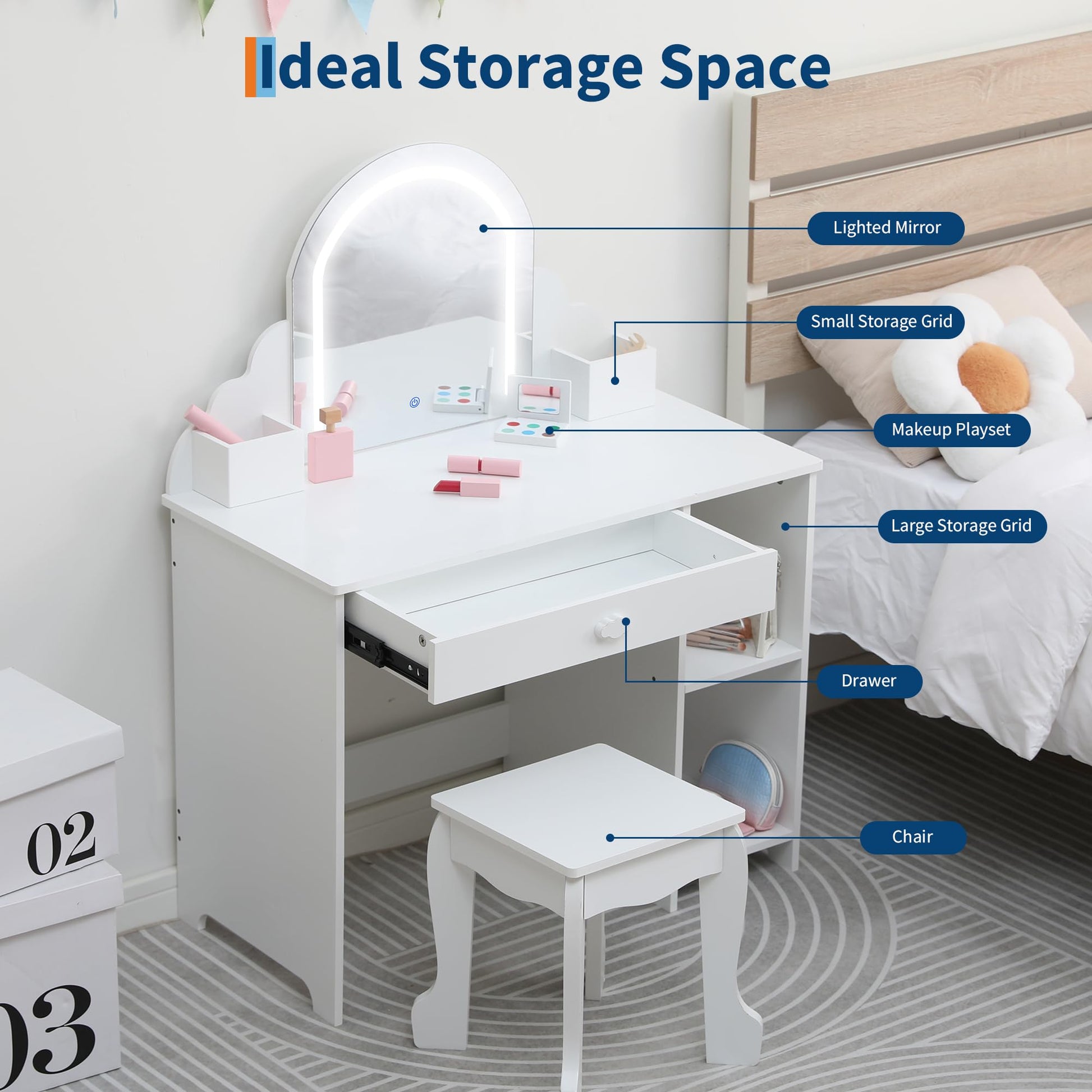 Garvee Coiffeuse Enfant avec Miroir Lumineux et Tabouret, LED Réglable, Grand Rangement, MDF Sûr, pour Chambre ou Salle de Jeux, Blanc
