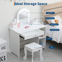 Garvee Coiffeuse Enfant avec Miroir Lumineux et Tabouret, LED Réglable, Grand Rangement, MDF Sûr, pour Chambre ou Salle de Jeux, Blanc