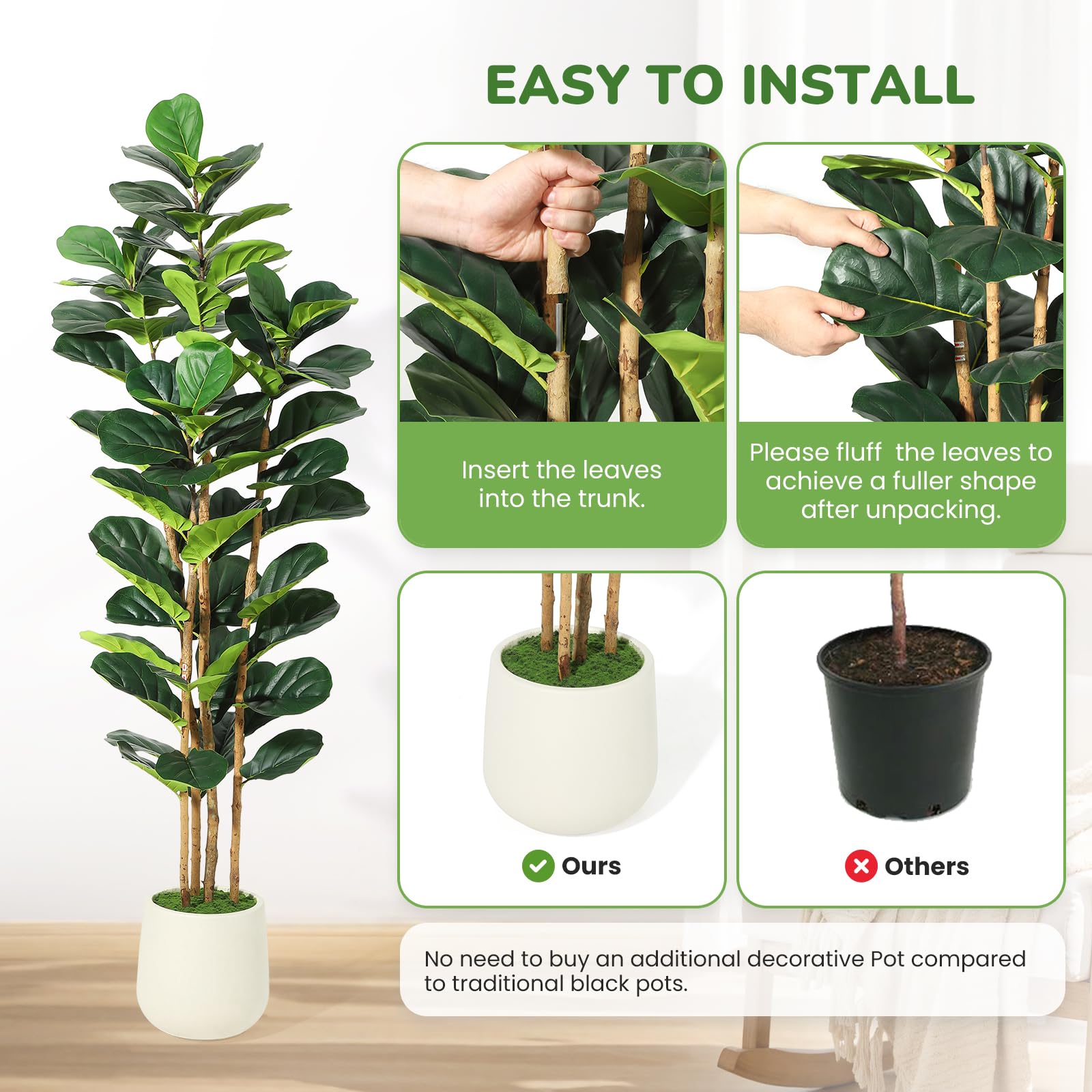 Garvee Ficus Lyrata artificiel 183 cm, feuillage vert réaliste, pot blanc et tronc en bois naturel, décoration intérieure