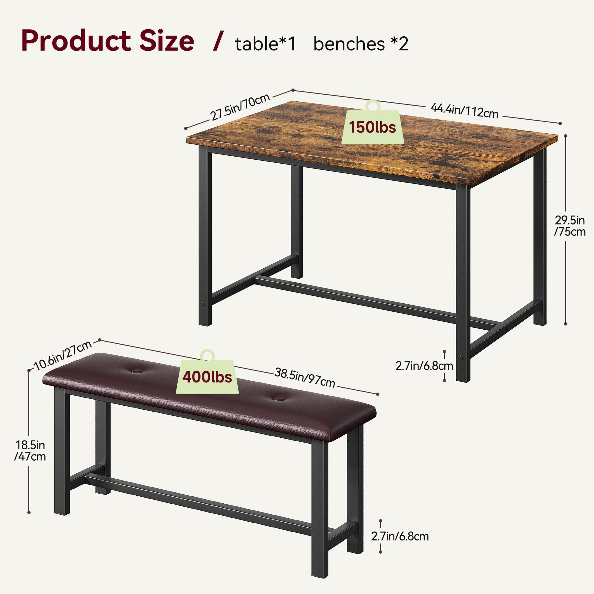 Ensemble table et chaises Garvee pour 4 personnes avec 2 banquettes rembourrées, rectangulaire, robuste en MDF et acier, gain de place, imperméable, idéal pour les petites pièces