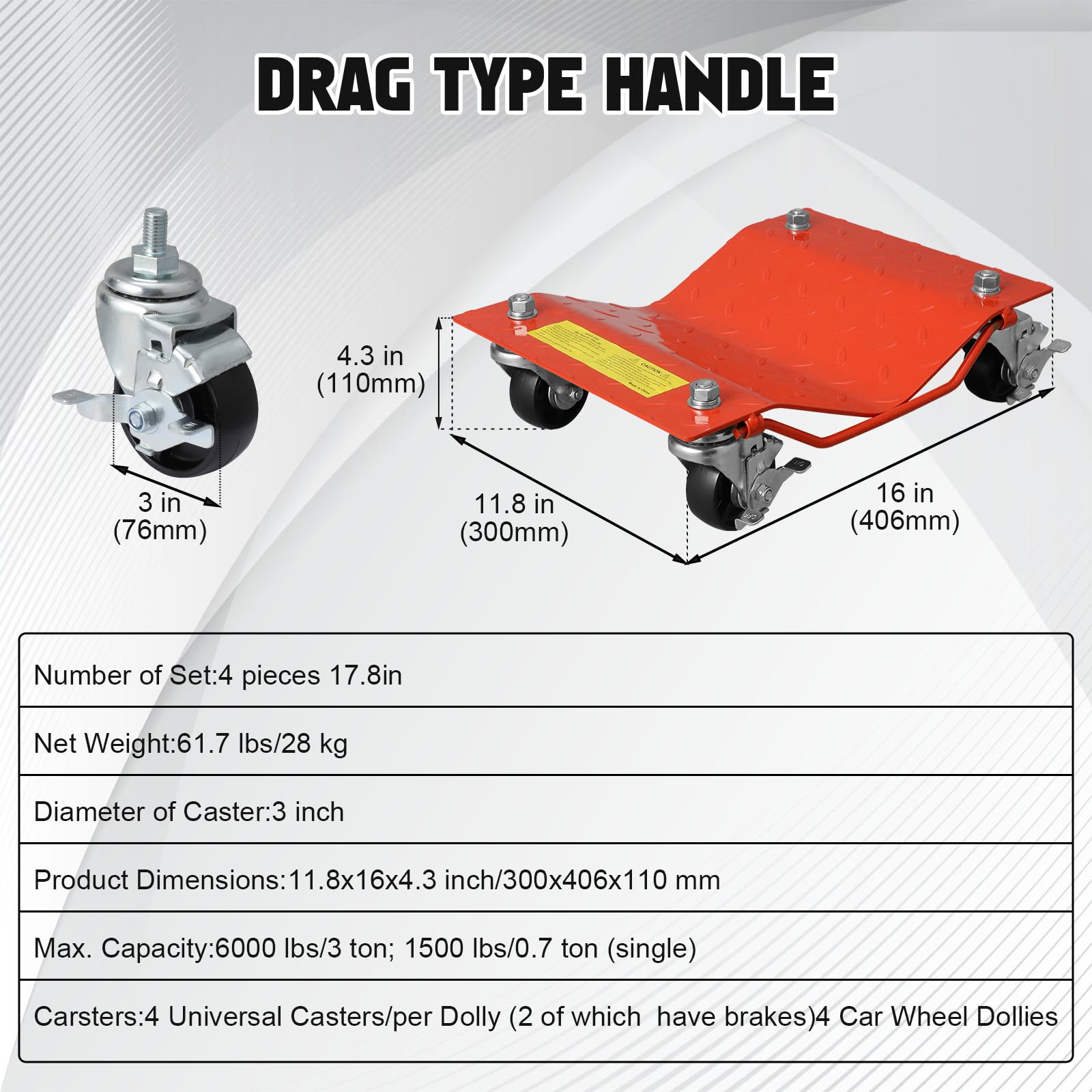 Garvee Lot de 2 Chariots de Déplacement Auto 680 kg, Acier Robuste, Roues 360° avec Freins, Orange, pour Voiture et Garage