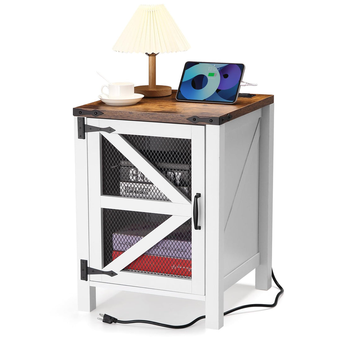 Table de chevet Garvee style ferme avec chargeur intégré, plateau de 45,7 cm (18 po), style porte de grange, 2 ports USB, 2 prises de courant, bois, étagères réglables, robuste, chambre, salon