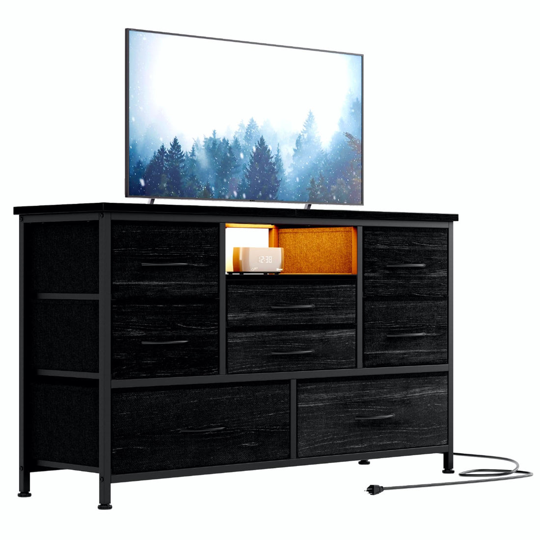 Meuble TV Garvee à 8 tiroirs avec éclairage LED et prise électrique pour salon et chambre, en MDF, éclairage RGB, grand espace de rangement, gestion des câbles, blanc