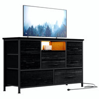 Meuble TV Garvee à 8 tiroirs avec éclairage LED et prise électrique pour salon et chambre, en MDF, éclairage RGB, grand espace de rangement, gestion des câbles, blanc
