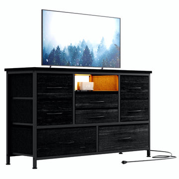 Meuble TV Garvee à 8 tiroirs avec éclairage LED et prise électrique pour salon et chambre, en MDF, éclairage RGB, grand espace de rangement, gestion des câbles, blanc