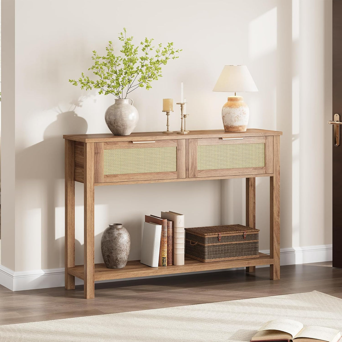 Garvee console style ferme en rotin avec 2 tiroirs et porte coulissante en rotin naturel, idéale pour le salon et l'entrée, 109 × 30 × 79 cm, couleur bois