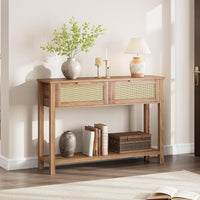Garvee console style ferme en rotin avec 2 tiroirs et porte coulissante en rotin naturel, idéale pour le salon et l'entrée, 109 × 30 × 79 cm, couleur bois